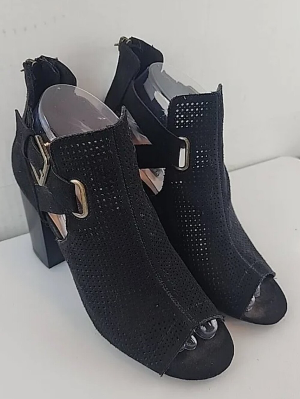Parker Black Perforated Peep-Toe Block Heel Sandals